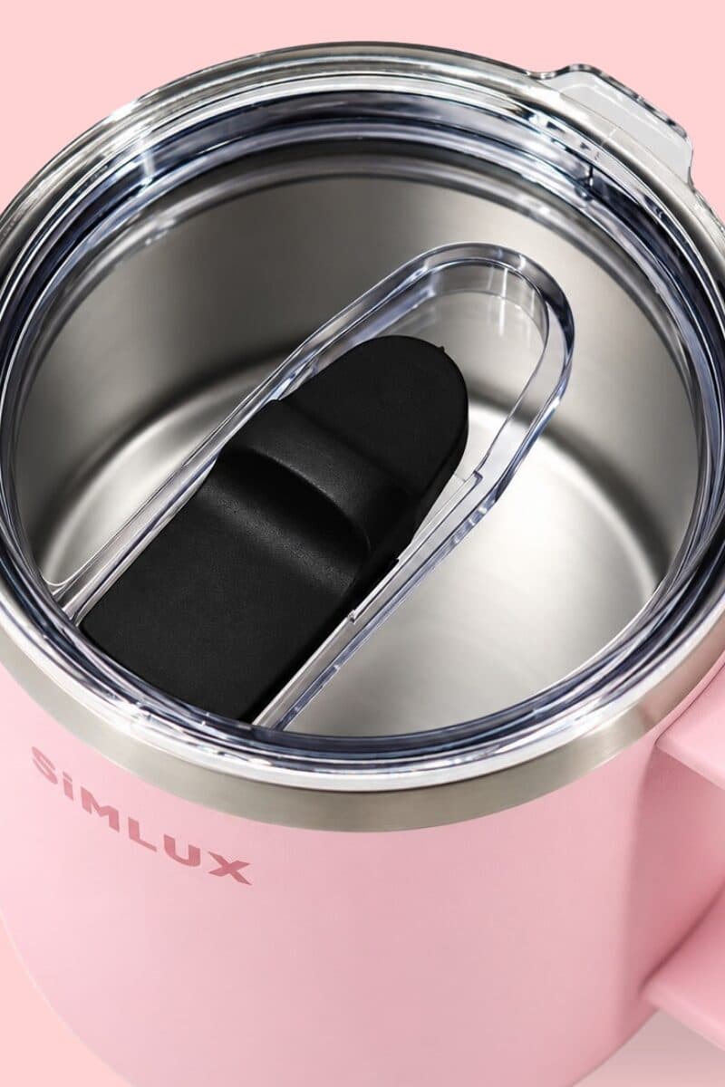 Looking into a Pink mug: steel interior and clear slide lid