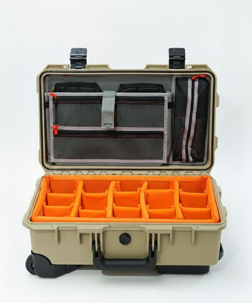 Beige case open, showing the lid organiser and dividers