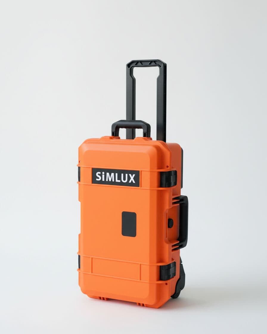 Orange case standing with its trolley handle raised