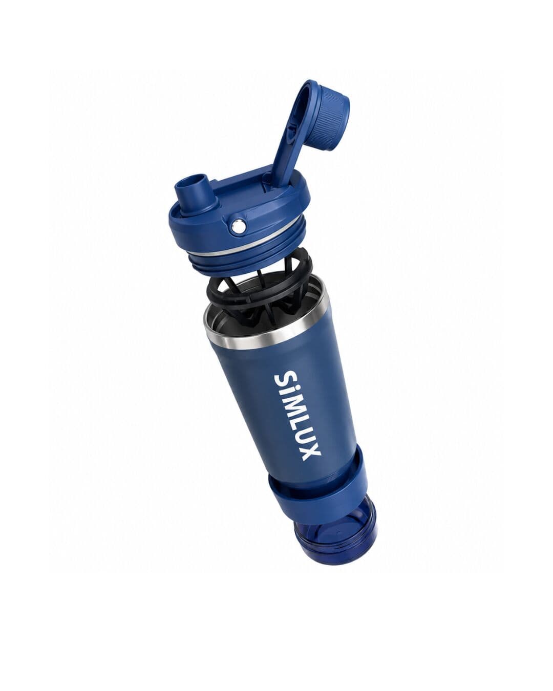 Exploded view of a Blue SiMLUX Shaker: lid, steel body and 3oz base container pulled apart