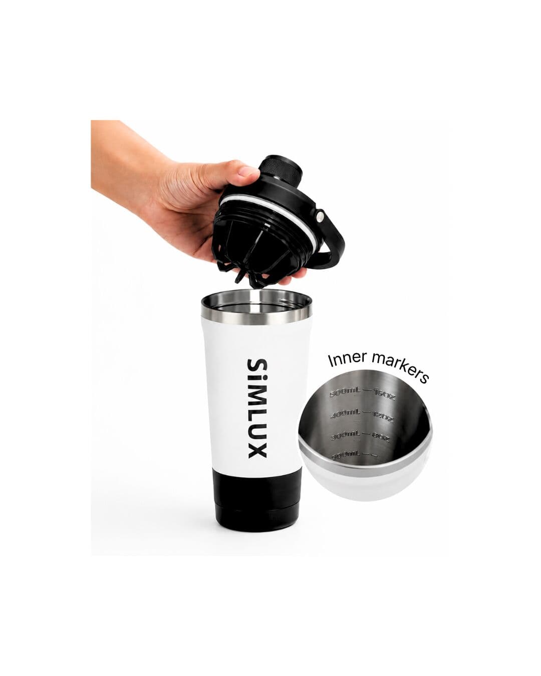 Black SiMLUX Shaker with the lid lifted off, showing the measurement markers inside